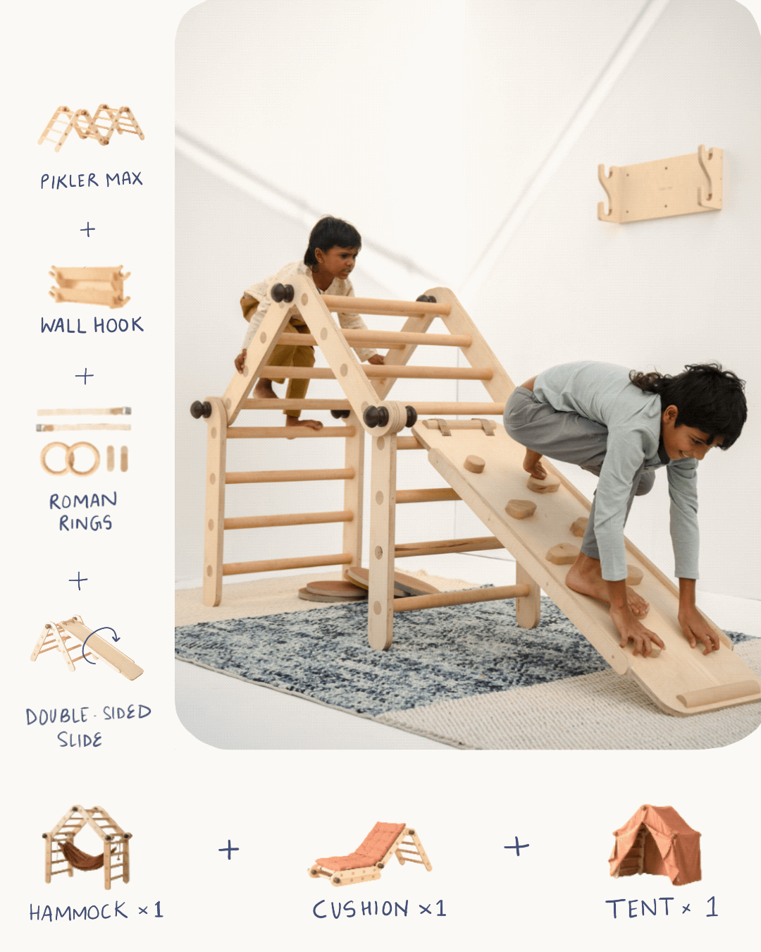Children playing on transformable Pikler jungle gym