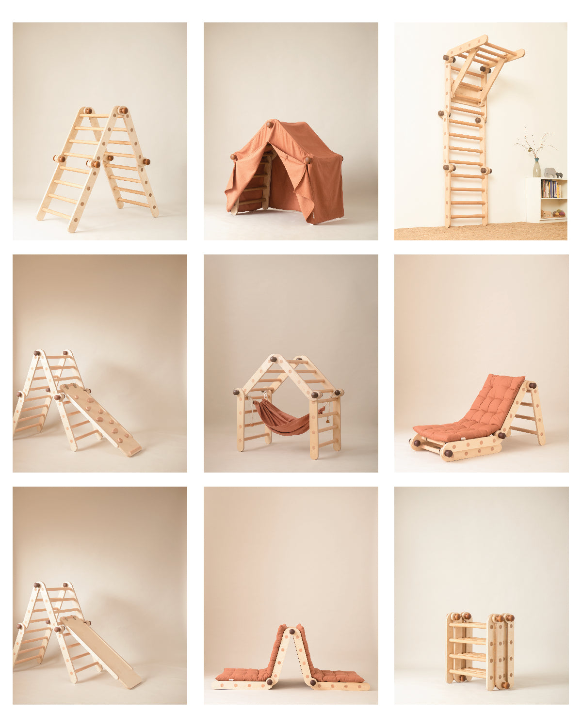 Transformable Pikler jungle gym in multiple positions