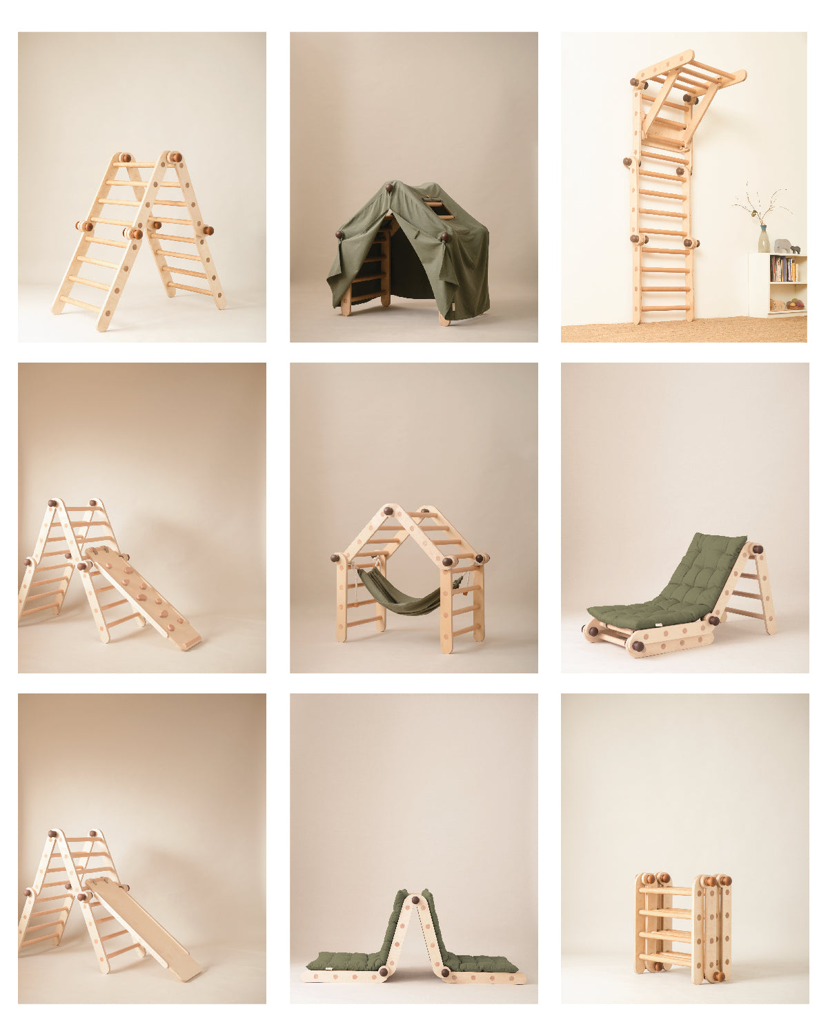 Transformable Pikler jungle gym in multiple positions