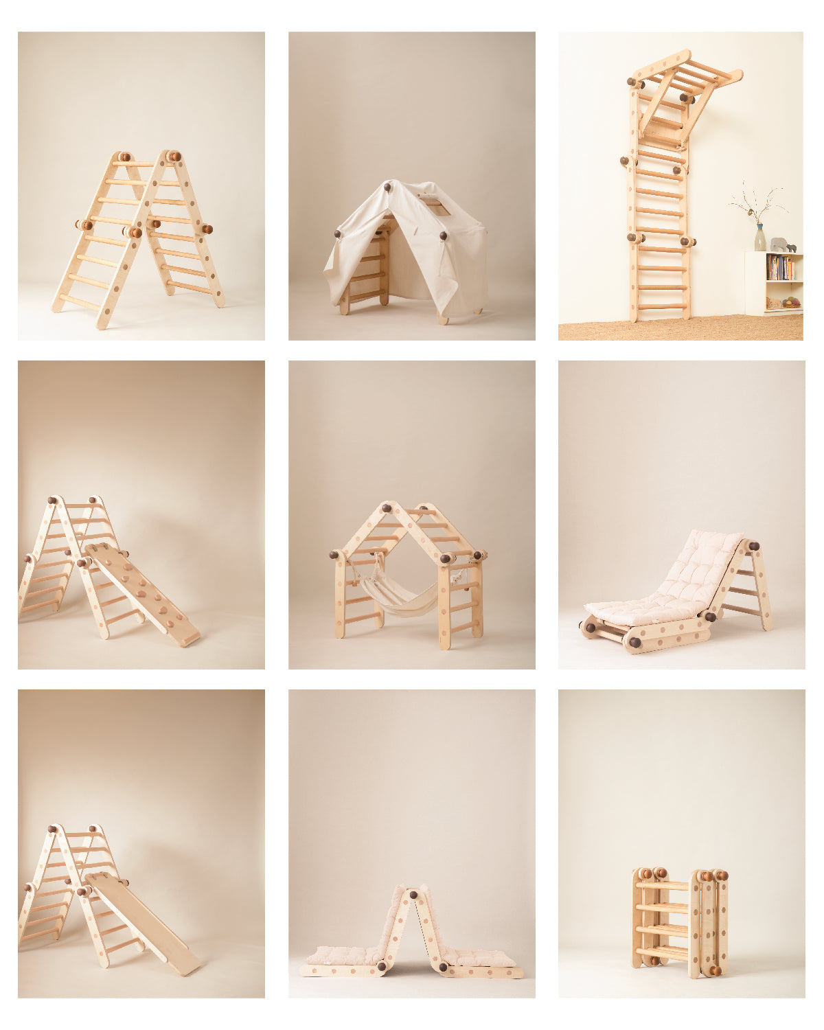 Transformable Pikler jungle gym in multiple positions