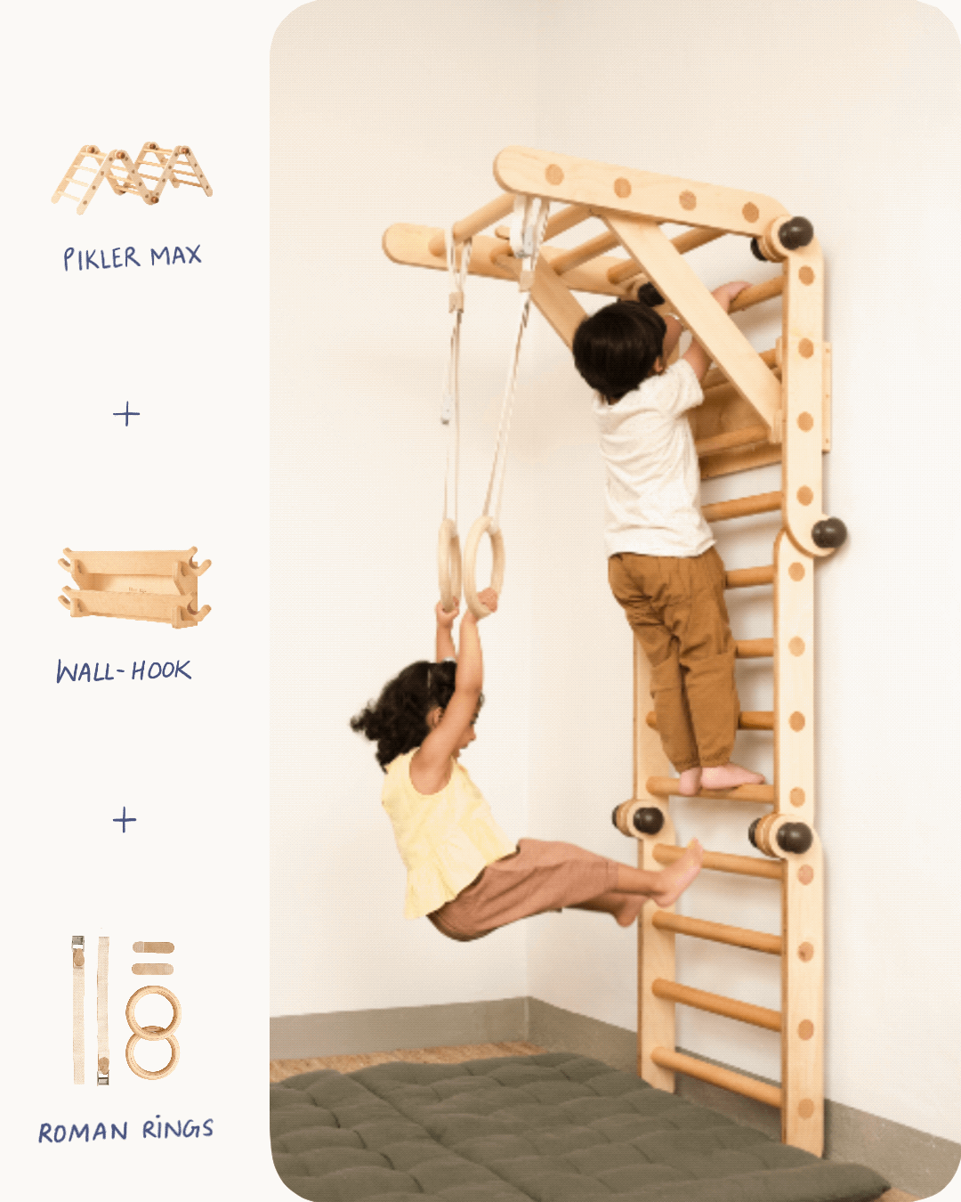 Children playing on Transformable Pikler jungle gym with gymnastics rings 