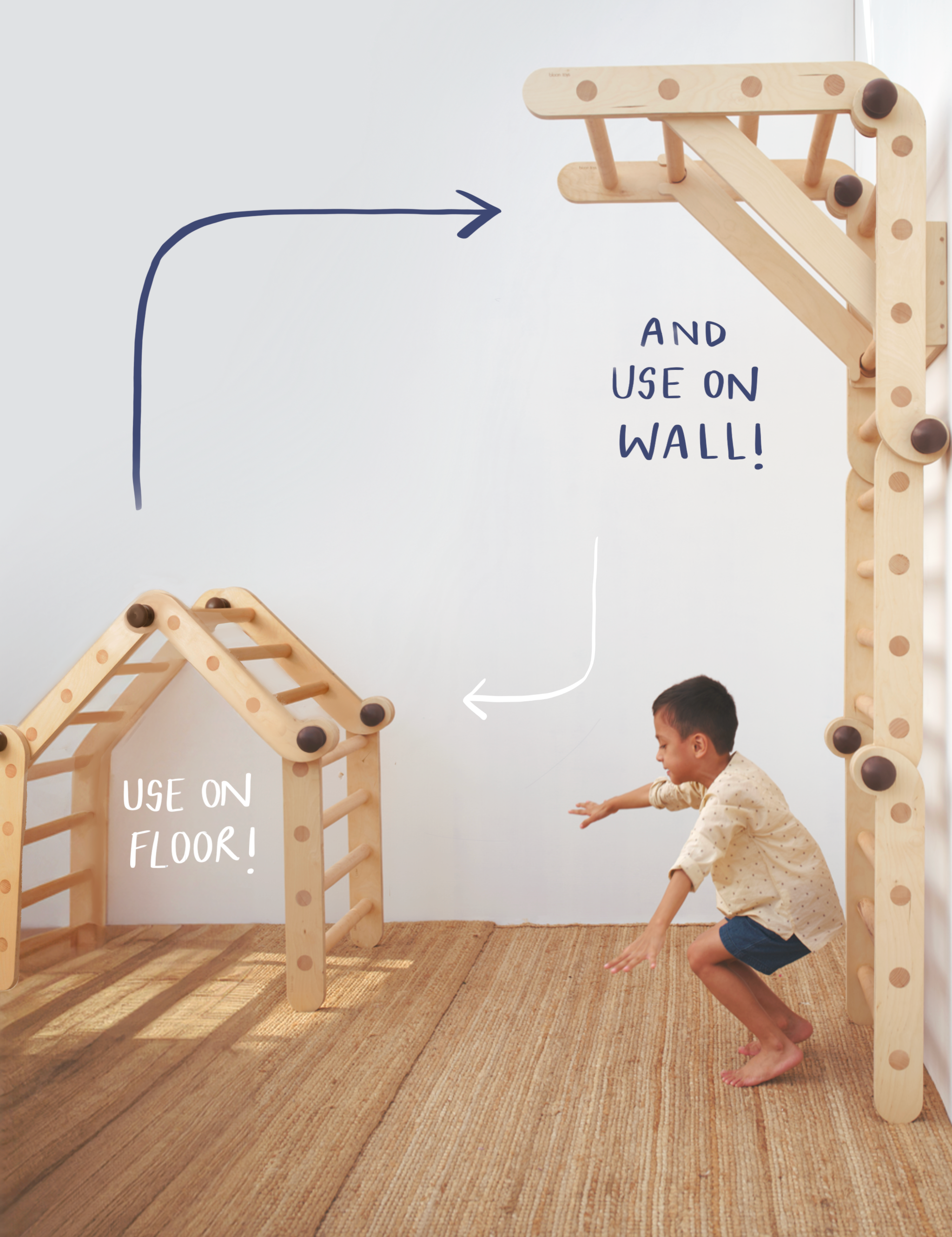 Transformable Pikler jungle gym in floor and wall positions 
