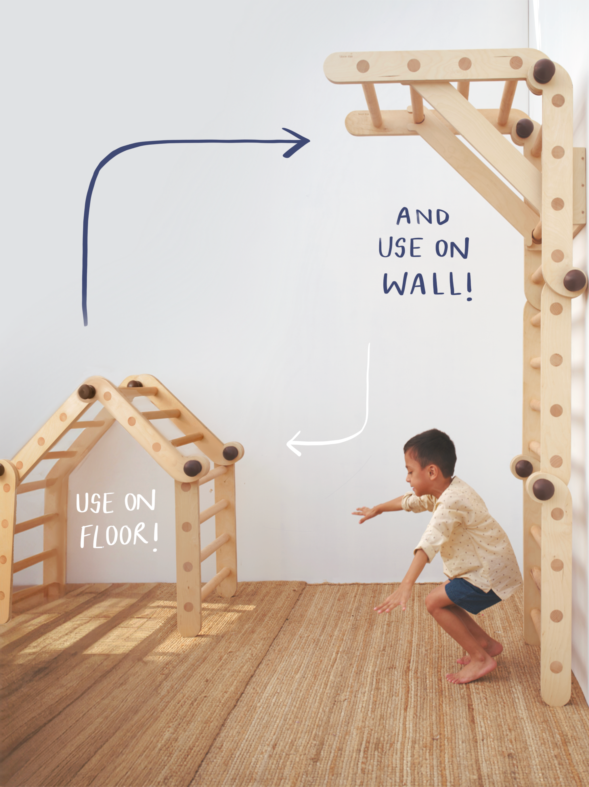 Transformable Pikler jungle gym in floor and wall positions 