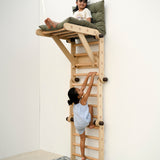 kids playing on transformable pikler jungle gym in wall mount position